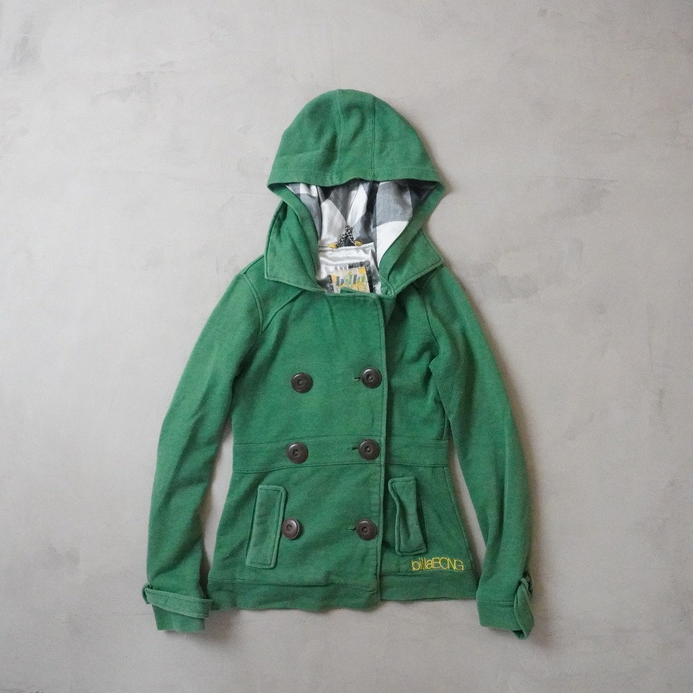 Billabong Pea Coat Jacket Small Womens Green Hooded Double Breasted Knit Surf